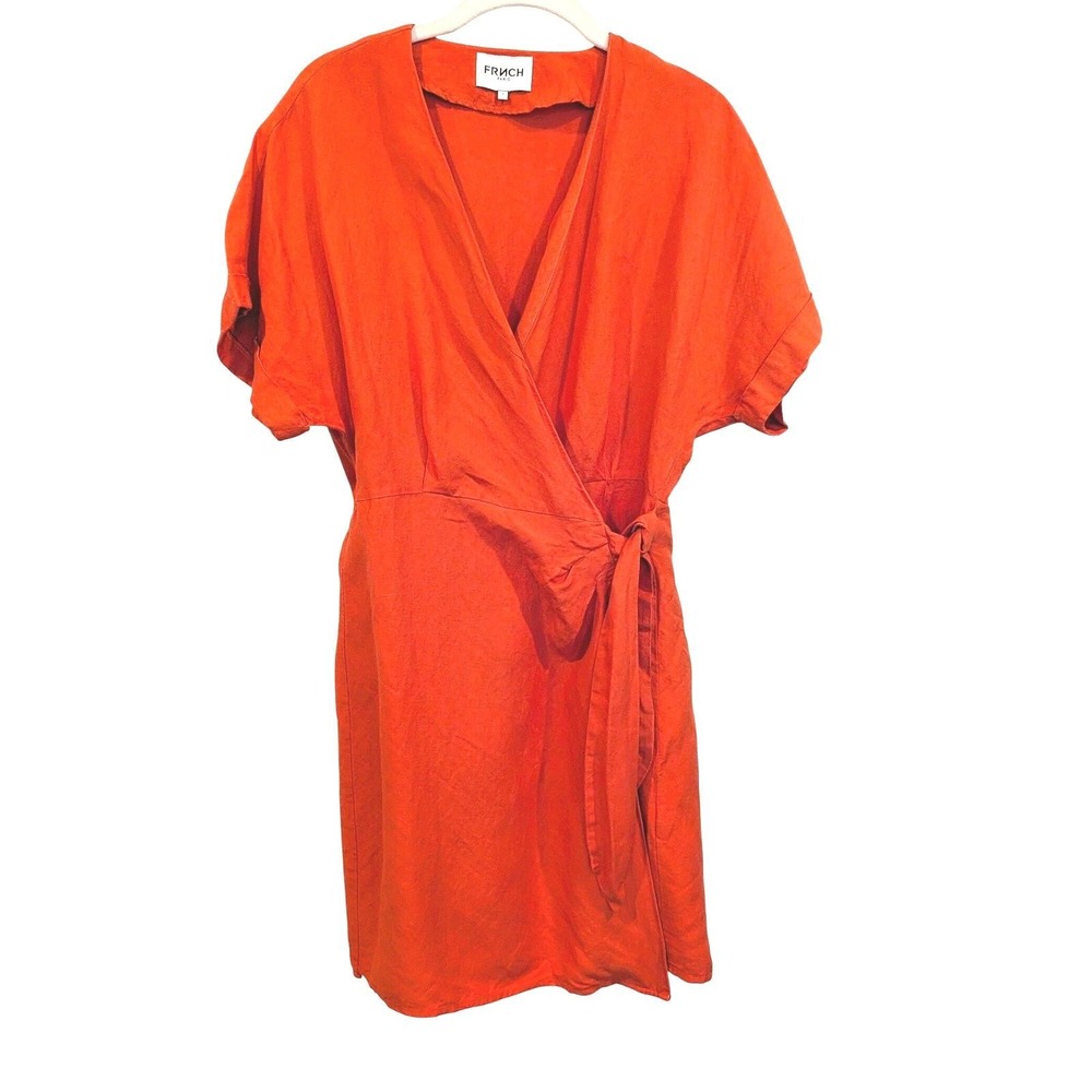 FRNCH Paris Orange Linen Blend Wrap Dress Tie Waist Short Sleeve Sz S Breathable